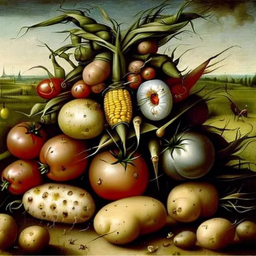 Prompt: oil painting of tomatoes, potatoes and corn, in the style of Hieronymus Bosch

