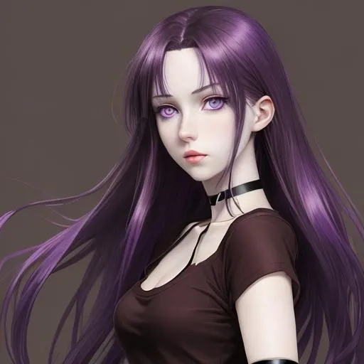 Prompt: anime female with pale skin, realistic purple eyes, long dark brown hair that turns to violet at the ends, no bangs, anime artwork beautiful, purple cropped top, bracelets on the upper arm, brown and black choker