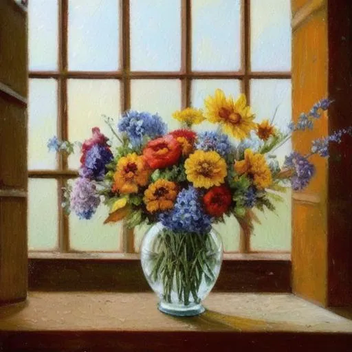 Prompt: An oil painting of a bouquet of flowers in an antique vase on a window sill.