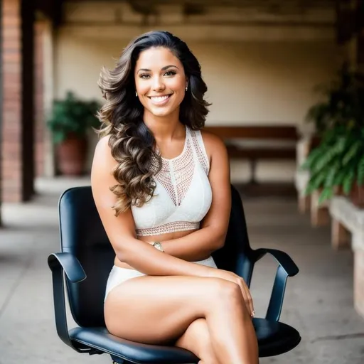 Prompt: A maximum resolution photo of a beautiful industrial age woman with dark flowing hair, a gorgeous smile and size 8 body sitting in a chair for a portrait 128 k