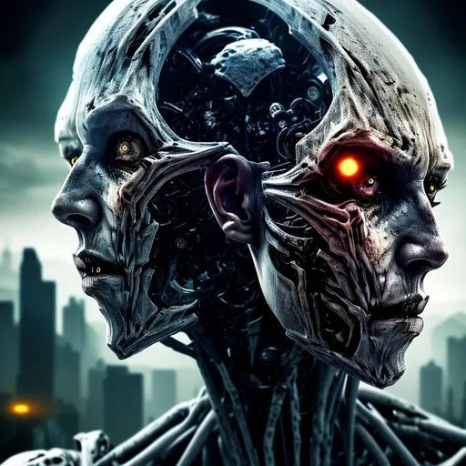 Prompt: make a scyfi movie poster title: "Autonomum" (impressed)
apocalipse et only one human  altered face. scary no mercy atmosphere. transition betwen humans and androids. humanoid. cyborgs. chaos. professional finished. pro look.