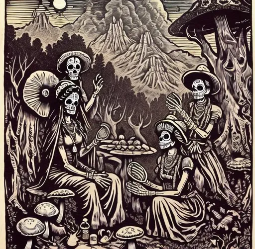 Prompt: Mexican WPA day of the dead woodcut style print of Indian taking the mushroom sacrament with Maria Sabina in the garden of the gods 
