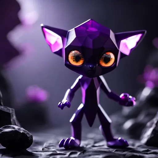 Prompt: Small purple humanoid figure, long pointy ears, large hexagon shaped gems for eyes, a large mouth with small pointy teeth, three fingers on each hand and three toes on each foot, short limbs, crouched stance, purples and blues, dim lighting, cave, spooky, goblin like, dark, smooth skin, crystals, genderless, smokey