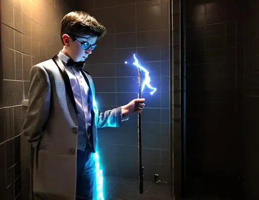 Prompt: 13 year old boy cast a crazy magic spell on someone inside the toilet stall with his magic wand from the outside. Only show the outside of the stall. Lots of sparkle magic from the magic spell spewing out from the top of the stall. Show the boy in the tuxedo with his magic wand casting the spell outside the stall 