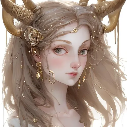 Prompt: Her gold ear clasps and accessories hanging off her ivory horns’ contrasts against her delicate, cool tawny skin. Her fingers are long and elegant. Her hair was straight and neat, the only strands of hair that stayed away from the rest was a few wisps that purposely fell in front of her ears. The right side of her hair was died a pale lilac, while where natural hair was akin to the night sky with rich, purple undertones. And her eyes glistened like amethyst in moonlight. She wore an off-white shirt that ended with dark fingerless gloves. A vivid purple cloak wrapped from the back of her neck and down her waist, where it was pinned underneath a wide, dark leather belt with a small beg attached. The cloak flowed to her shins and mimicked a dress.  