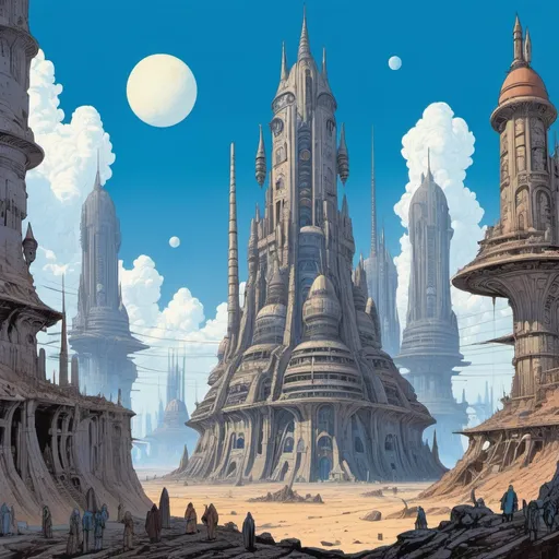 Prompt: A Coruscant-like city ruins with tall spires overrun with psychic monsters, in the style of Moebius, blue sky