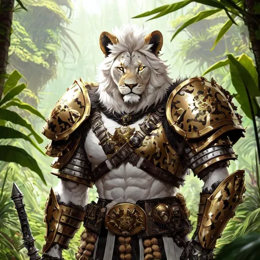 Prompt: portrait of a (Buff Leonin Paladin, with White fur and black skin, small lion ears) Wearing plate Armor. Jungle background with rustic camouflage details including leaves and Flowers and Colorful Mushrooms, D&D setting, perfect composition, hyperrealistic, super detailed, 8k, high quality, trending art, trending on artstation, sharp focus, studio photo, intricate details, highly detailed, by greg rutkowski and alphonse mucha