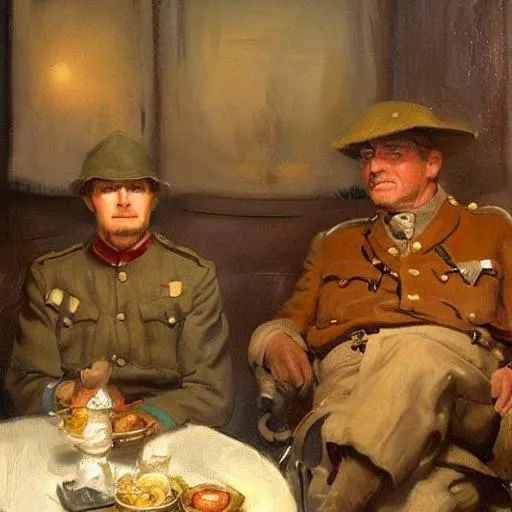 Prompt: realistic British ww1 Officer in a kaki uniform eating soup, with Indiana Jones sitting next to him, painted by Sargent, painted by Thomas Kinkade, painted by Rembrandt, matte painting, trending on ArtStation