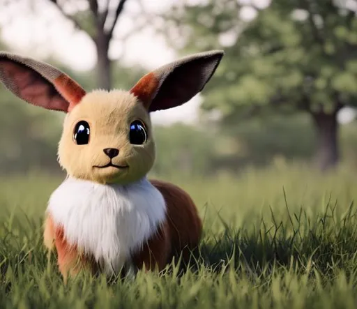 shiny realistic eevee with soft lighting in the gras...