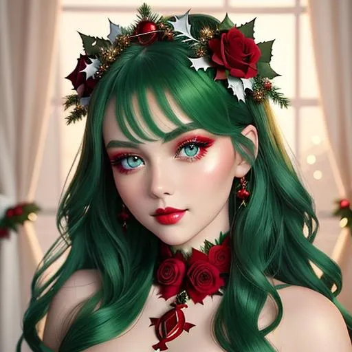 Prompt: Christmas fairy ,Beautiful and Gorgeous red roses in hair,  very light green eyes,pretty makeup, facial closeup