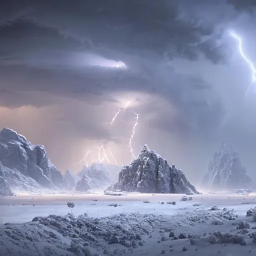 Prompt: hoth, blizzard, lightning, mountain, hail