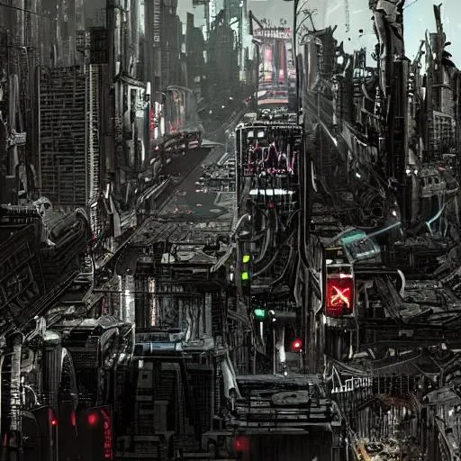 Prompt: Alien zombie apocalypse cyberpunk dystopian destroyed city