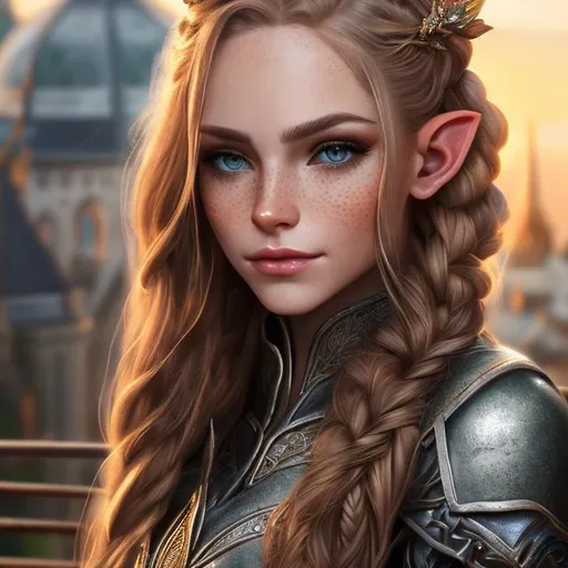 Prompt: Realistic, High Resolution, High Elf, Cleric, Blonde Hair, Green Eyes, Female, Light Tan, Full-body, Long Hair, Braids In Hair, Light Freckles On Cheeks, Natural Makeup, Medium Armor, Leather Armor, Elven City Background, Divine Magic, Beautiful Face, masterpiece, best quality, super detailed, high resolution, very detailed, 8k uhd, realistic, (natural light), amazing, fine detail, best, high quality, RAW photo, Fighting stance, wielding a lance, Hair jewelry, Angelic, angel wings, Divine Power, Flowers in hair, wielding weapon, full body, face shot, in action, celestial, Divine, holy.