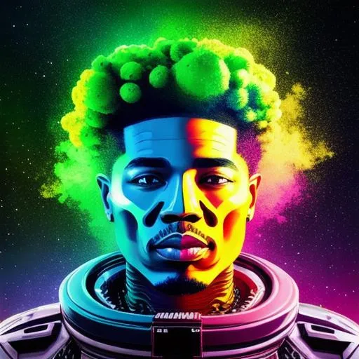 Prompt: juice wild the rapper floating in space and half of his body is a skeleton with green liquid floating around him. space, 4k, hyper realistic