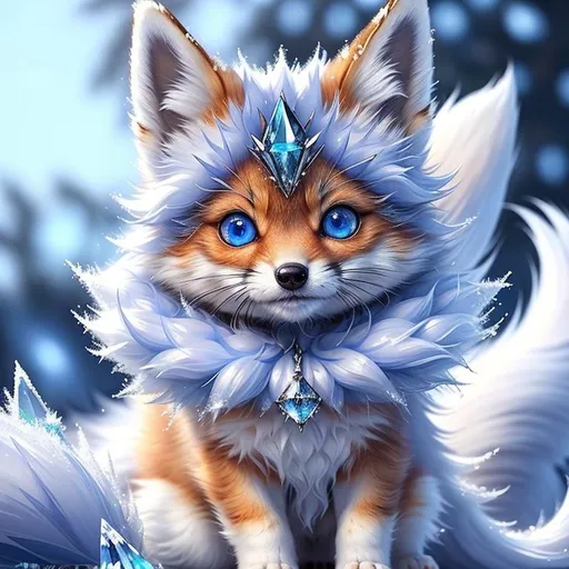 Prompt: remove black, (masterpiece, professional oil painting, epic digital art, best quality:1.5), insanely beautiful tiny ((fox kit)), (canine quadruped), ice elemental, silky silver-blue fur covered in frost, timid, ((insanely detailed alert crystal blue eyes, sharp focus eyes)), gorgeous 8k eyes, fluffy silver neck ruff covered in frost, two tails, (plump), enchanted, magical, finely detailed fur, hyper detailed fur, (soft silky insanely detailed fur), moonlight beaming through clouds, lying in frosted meadow, grassy field covered in frost, cool colors, professional, symmetric, golden ratio, unreal engine, depth, volumetric lighting, rich oil medium, (brilliant auroras), (ice storm), full body focus, beautifully detailed background, cinematic, 64K, UHD, intricate detail, high quality, high detail, masterpiece, intricate facial detail, high quality, detailed face, intricate quality, intricate eye detail, highly detailed, high resolution scan, intricate detailed, highly detailed face, very detailed, high resolution