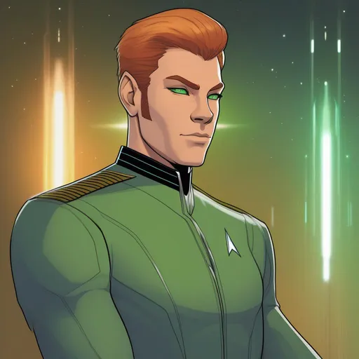 Prompt: An adult tall muscular male alien starship officer of a star trek feline caitian species, anthropomorphic cat, slightly human interspecies halfbreed. He has shot ginger fur and a pale skin. He wears a unoted federation uniform and has green glowing eyes. Detailed, well drawn face, Smooth skin. rpg art. Star trek art. 2d art. 2d