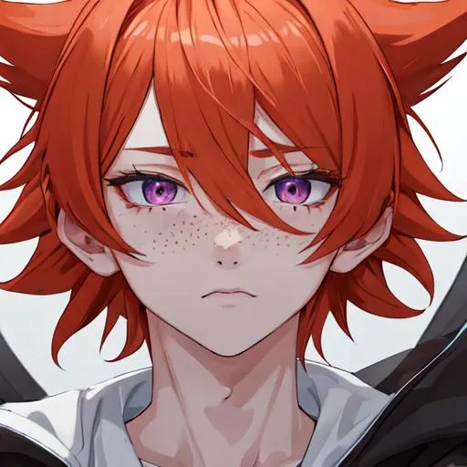 Prompt: Erikku male adult (short ginger hair, freckles, right eye blue left eye purple) UHD, 8K, Highly detailed, insane detail, best quality, high quality, anime style, tired, confused, sleepy