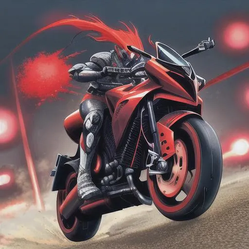 Prompt: Futuristic robot, agile, dangerous, red, realistic, exposed mechanics, strong, full body picture, riding motorcycle, in action, doing wheelie, in middle of battle