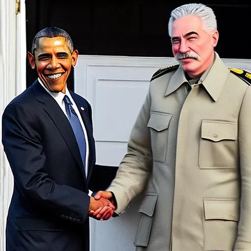 Prompt: Hyper realistic obama shaking hands with joseph stalin