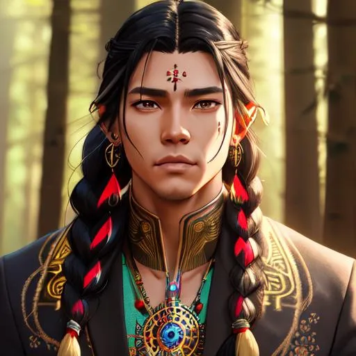 Prompt: 64K, centered position Full body of Native American, male, gold eyes, long hair, braids, facial scars, symmetrical, lighting, detailed face, by makoto shinkai, stanley artgerm lau, wlop, rossdraws, concept art, digital painting, looking into camera, intricate ornament on his suit, forest background, colorful ambient, colorfull, HDR, 64K