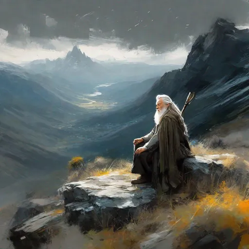 Prompt:  scene from Lord of the rings gandalf the grey sitting on a stone in backround the montains
masterpiece, textured Speedpaint with large rough brush strokes and paint splatter by Jeremy Mann, Carne Griffiths, Junji Ito, Robert Oxley, Ismail Inceoglu, masterpiece, trending on artstation, particles, oil on canvas, highly detailed fine art, ink painting, hyperrealism | Pixar gloss | polished, Anato Finnstark | Android Jones | Darek Zabrocki, Boris Vallejo, David Palumbo, Donato Giancola, Frank Frazetta, colorful, deep_color vibrant, John Stephens, Jordan Grimmer, John Howe, Julie Bell, Mark Brooks, Dan Mumford | comicbook art | perfect_concept art | 3D shading | bright_colored background radial gradient background | cinematic Reimagined by industrial light and magic fairy_home!, centered, acrylic painting, trending on pixiv fanbox, palette knife and brush strokes, style of makoto shinkai jamie wyeth james gilleard edward hopper greg rutkowski studio ghibli genshin impact, perfect composition, beautiful detailed intricate insanely detailed octane render trending on artstation, 8 k artistic photography, photorealistic concept art, soft natural volumetric cinematic perfect light, chiaroscuro, award - winning photograph, masterpiece, oil on canvas, raphael, caravaggio, greg rutkowski, beeple, beksinski, giger