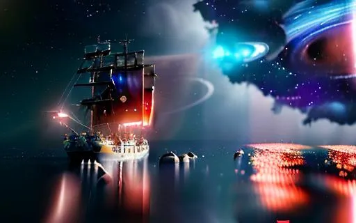 Prompt: Solar storm thrashes British Galleon sailing through space dust in galaxy dust,stars,concept,illustration,UHD,Realistic,billion stars