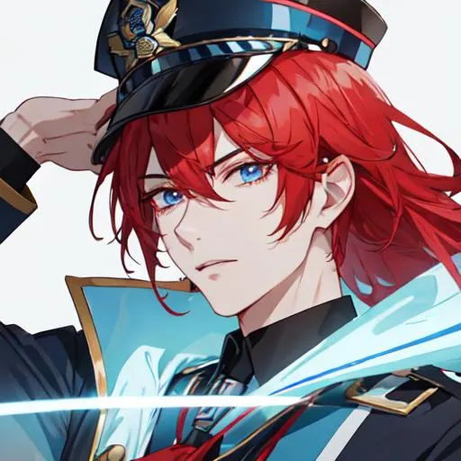 Prompt: Zerif 1male as a male police officer (Red side-swept hair covering his right eye)UHD, 8K, Highly detailed, insane detail, best quality, high quality, wearing a blue male police uniform, anime style, tilting his hat,