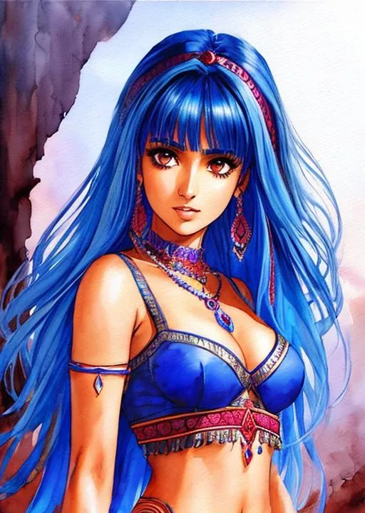 Prompt: a Dragon Quest watercolor concept art with Sadaf Mohammed Sayed, (Indian actress who mainly appears in Telugu, Tamil, and Kannada films) blue hair, jumping in tribal cueitl dress, parted bangs, brown eyes, ethereal, jewelry set balayage wild hair, royal vibe, highly detailed, digital painting, Trending on artstation , HD quality, tan skin, Big Eyes,artgerm,by yoshitaka amano