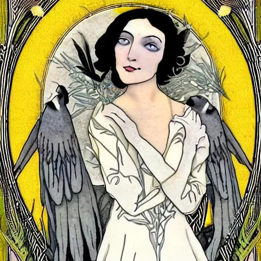 Prompt: art nouveau, raven bird, grey hair, white lilies, white dove, long grey hair, beautiful older woman, standing in wheat field, long golden yellow dress, black cat, bottecelli, daffodils, lilies, purple iris, madonna, pre-raphaelite, magpie, medieval, art nouveau

