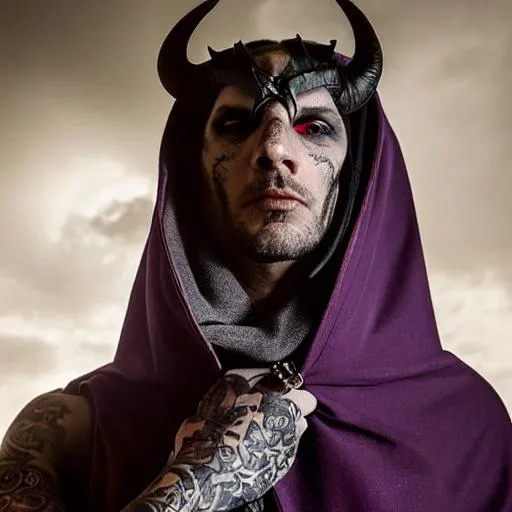 Prompt: half shot portrait of a male goth tiefling covered in tattoos standing on a cliffside cemetery, heroic pose, wielding dark purple eldritch energy, pale skin and long dark hair, black eyes, dramatic lighting, UHD, dark fantasy, very clear face, long goat horns on head, wearing hooded brown leathers and metal grieves, grit, handsome, quality face,