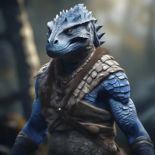 Prompt: perrealistic mixed media image of argonian blue elder scrolls, wearing shamanic primitive clothing, with rustic camouflage details, Hyperrealistic, sharp focus, Professional, UHD, HDR, 8K, Render, electronic, dramatic, vivid, pressure, stress, nervous vibe, loud, tension, traumatic, dark, cataclysmic, violent, fighting, Epic