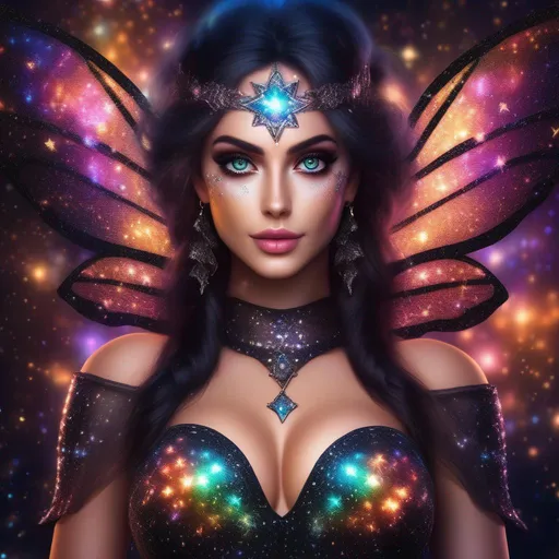 Prompt: A complete body form of a stunningly beautiful, hyper realistic, buxom woman with incredible bright eyes wearing a sparkly, glowing, sheer, fairy, witches outfit on a breathtaking night with stars and colors with glowing, detailed sprites flying about