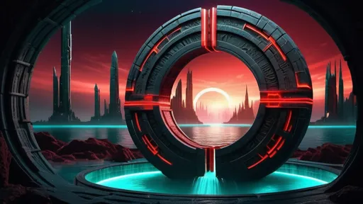 Prompt: magical portal between cities realms worlds kingdoms, circular portal, ring standing on edge, upright ring, freestanding ring, hieroglyphs on ring, complete ring, ancient roman architecture, atlantis setting, red aurora borealis, panoramic view, dark night, futuristic cyberpunk tech-noir setting