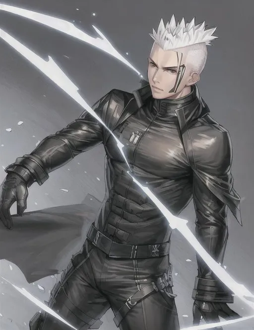 Prompt: JAXER KAZE : White hair mohawk male in black tactical teachwear rubber uniform poncho coat  intricate, elegant, highly detailed, digital , concept art, sharp focus, UHD