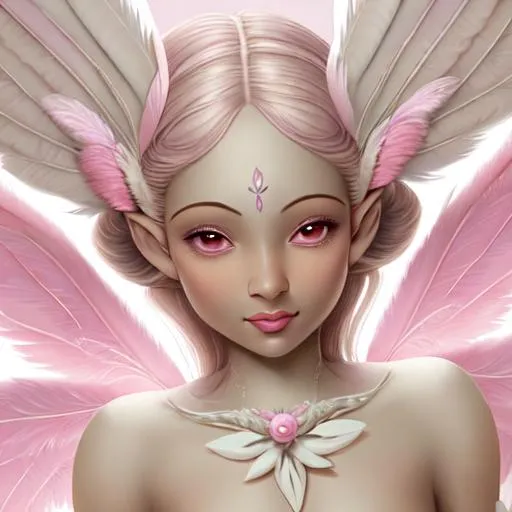 Prompt: ivory skinned fairy goddess with a pale pink  background with feathers,close up