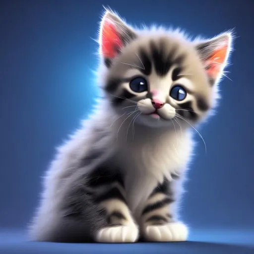 Prompt: 3D render of a cute innocent beautiful kitten dark blue background, digital art