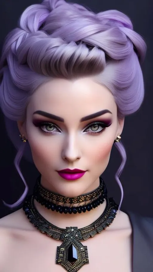 Prompt: head-on, bust, surreal cartoon,Stunning, glossy portrait of a stunning woman with lavender gray hair pulled back into a bun, she is dressed like a cross between an Elizabethan princess and a high fashionista, metallic black fabric fabric, dramatic jewelry, dramatic necklace with a tiny dagger that looks real, background is architecture lit by the moon,  trending on artstation