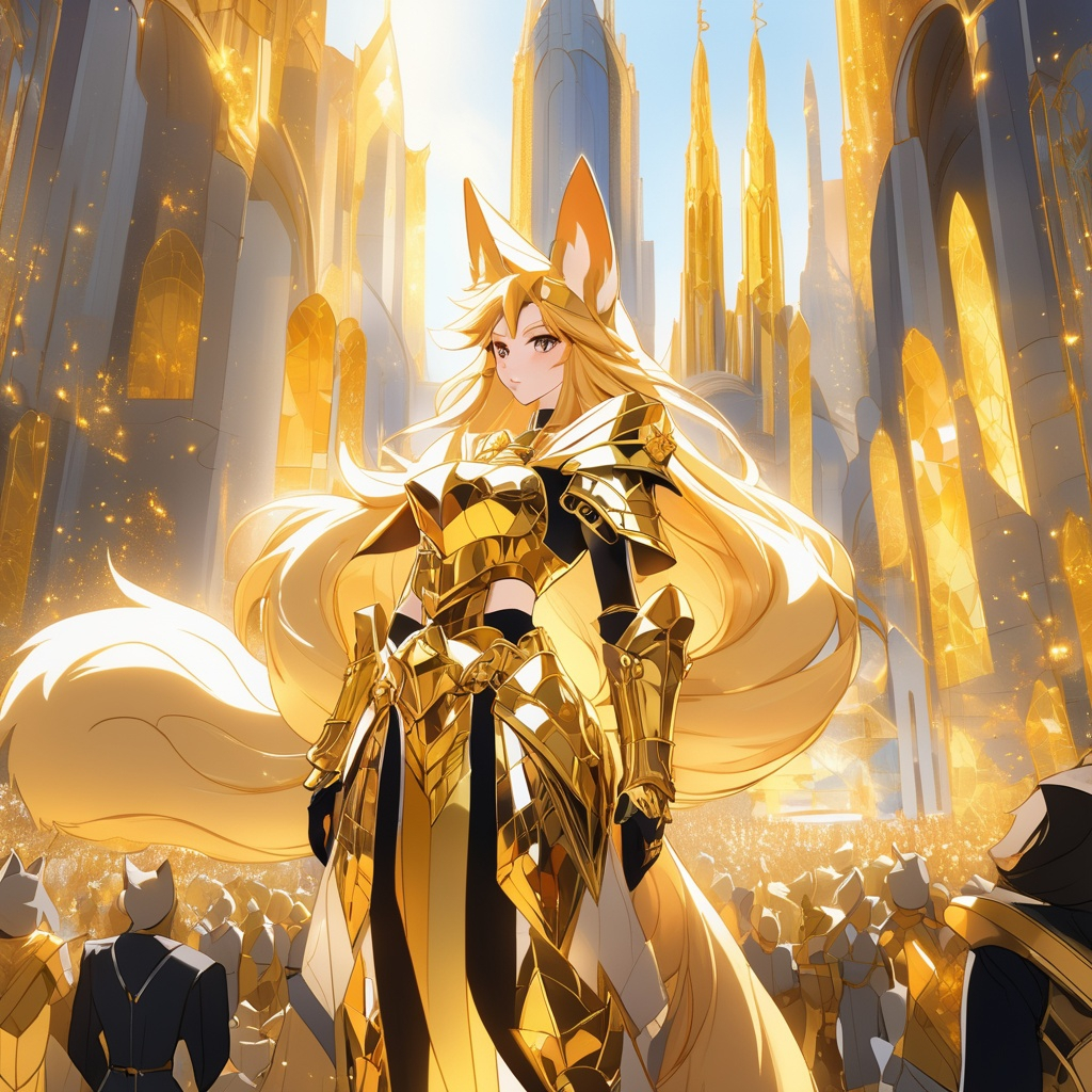 An anthropomorphic anime fox lady with long gold hair standing in a crowd of people wearing golden 