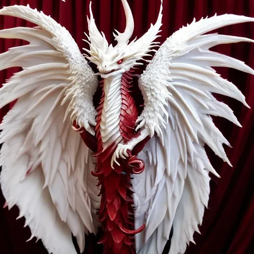 Prompt: red dragon with angelic white feathered wings