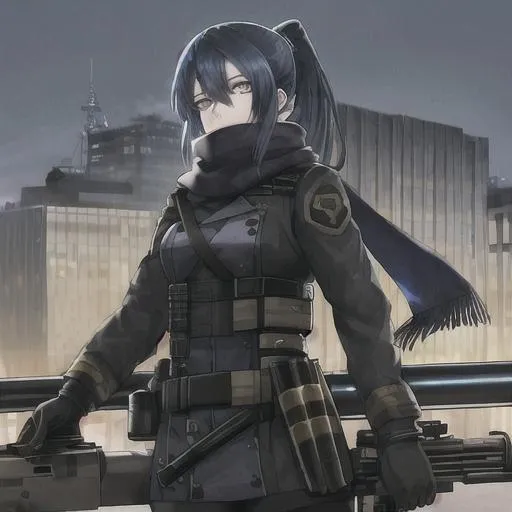 Prompt: Girl with blue hair, ponytail, long bangs, pale skin, golden eyes, black and blue military outfit, scarf over mouth, sniper on her back, on a big building roof