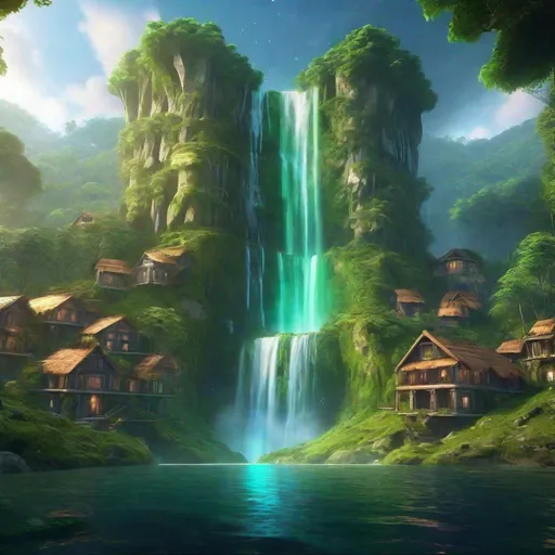 Prompt: Envision a civilization near a glowing waterfall in a lush forest. Fantasy, another dimension. Hyperrealistic, UHD, HD, 8K, houses