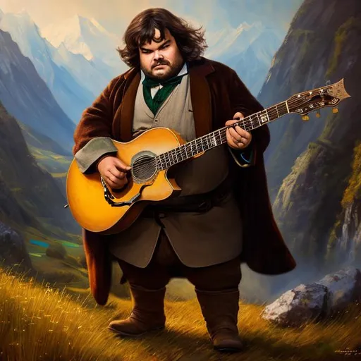 Prompt: Jack Black as a hobbit, Guitar, Stetson, {{{Masterpiece}}}, 4K, painting, traditional art,