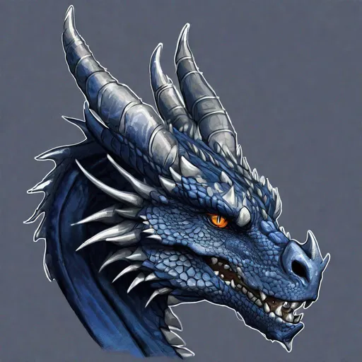 Prompt: Concept design of a dragon. Dragon head portrait. Side view. The dragon is a predominantly navy blue color with silver streaks and details present.