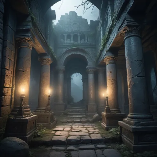 Prompt: Eerie fantasy RPG scene, misty and mysterious, ancient ruins, magical artifacts, high fantasy, detailed environment, atmospheric lighting, dark and mystical, highres, fantasy, eerie, ancient ruins, misty atmosphere, magical artifacts, detailed environment, atmospheric lighting