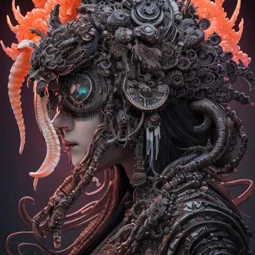 Prompt: "3 d goddess of death close - up profile portrait with ram skull. beautiful intricately detailed japanese crow kitsune mask and clasical japanese kimono. betta fish, jellyfish phoenix, bio luminescent, plasma, ice, water, wind, creature, artwork by tooth wu and wlop and beeple and greg rutkowski"