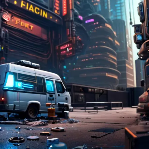Prompt: A highly detailed sci fi van in an empty cyberpunk city.