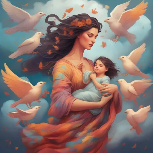 Prompt: A colourful and beautiful Persephone, with her hair being brunette and made out of clouds, lovingly cradling her daughter with birds in flight around her in a painted style