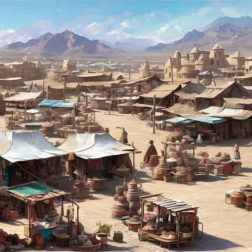 Prompt: fantasy, concept art, town on the outskirts of salt flats, market bazaar with equipment and supplies