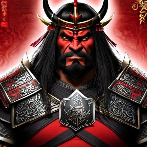 Prompt: An Orc King wearing Black and red ancient Chinese/Viking armor. black hair, green eyes, long bushy fu manchu, a long scar going down his left eye.