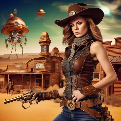 Prompt: beautiful female cowgirl in a steampunk style western town in desert fighting aliens by Larry Carlson